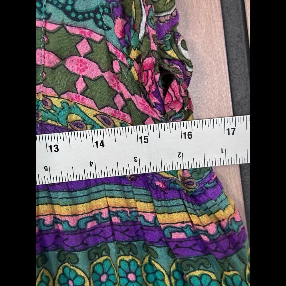 Vintage Erika Taylor Dress Medium Blue Midi Geometric Henley Ruffled Cap Sleeve - Picture 3 of 5